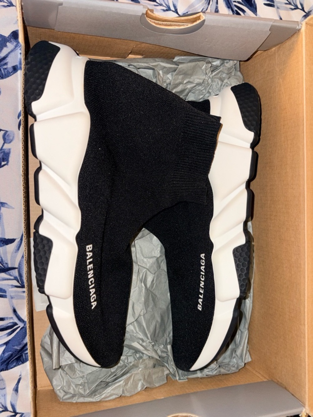 Balenciaga Speed Trainers Black Knit Sock Sneakers with White Chunky Sole